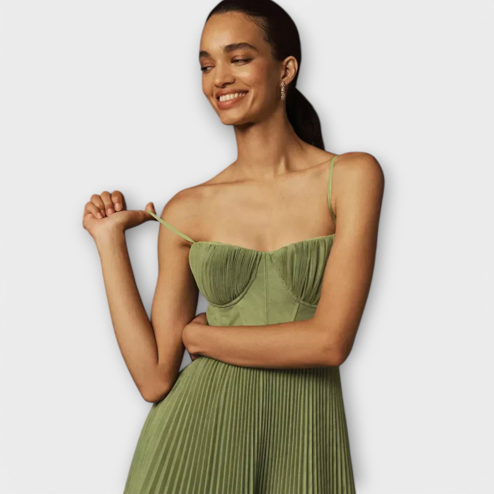 Pleated Midi Dress with Tulle Corset