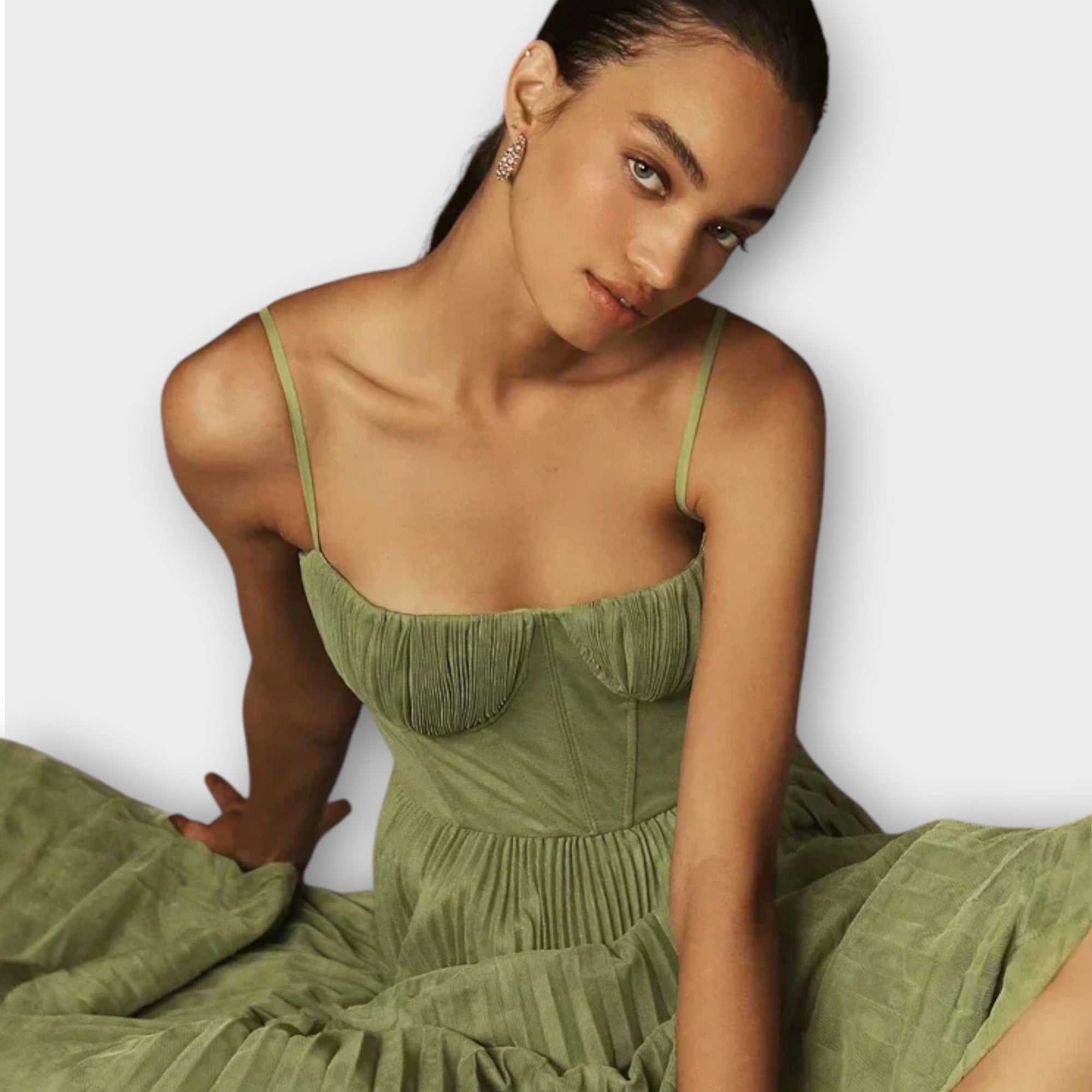 Pleated Midi Dress with Tulle Corset