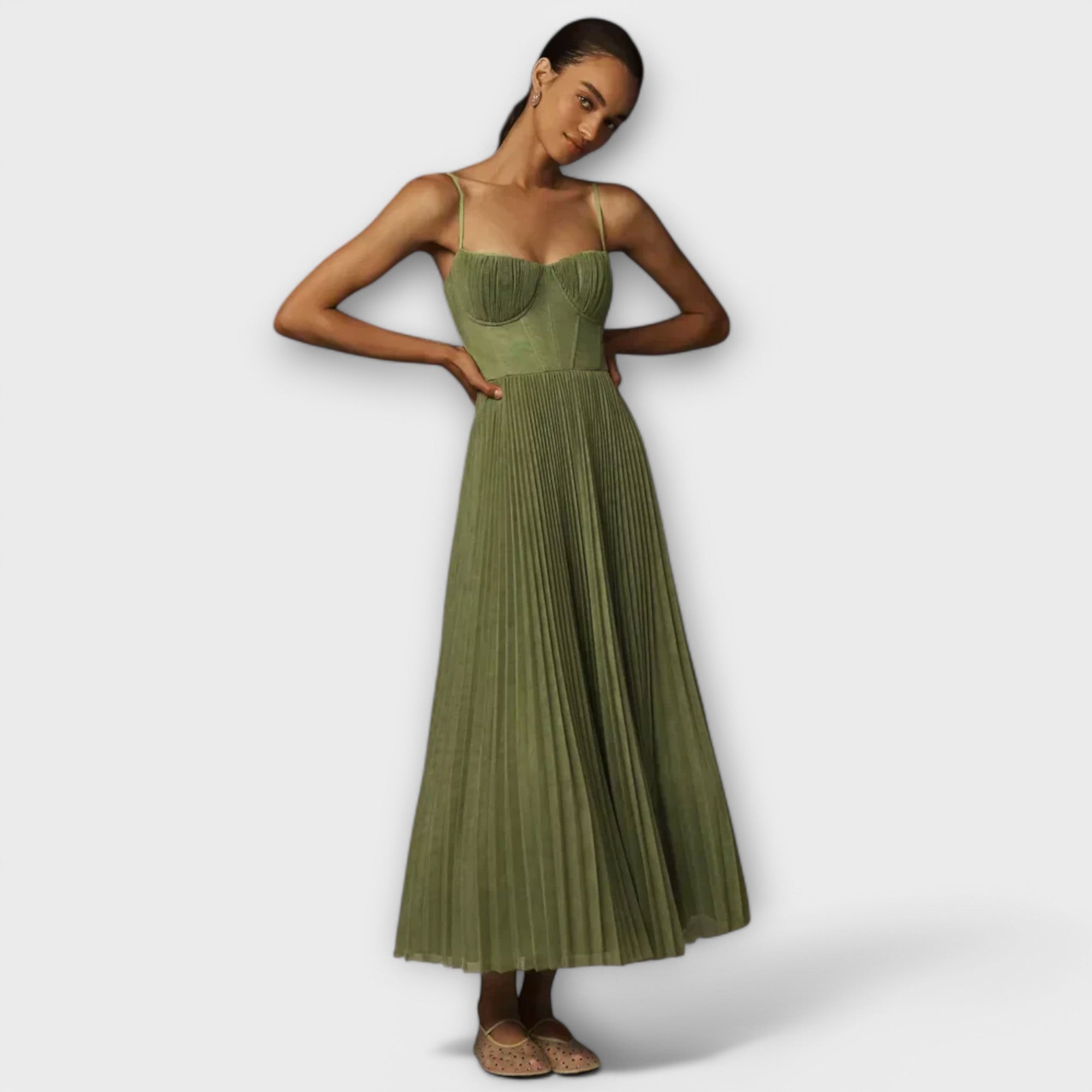 Pleated Midi Dress with Tulle Corset