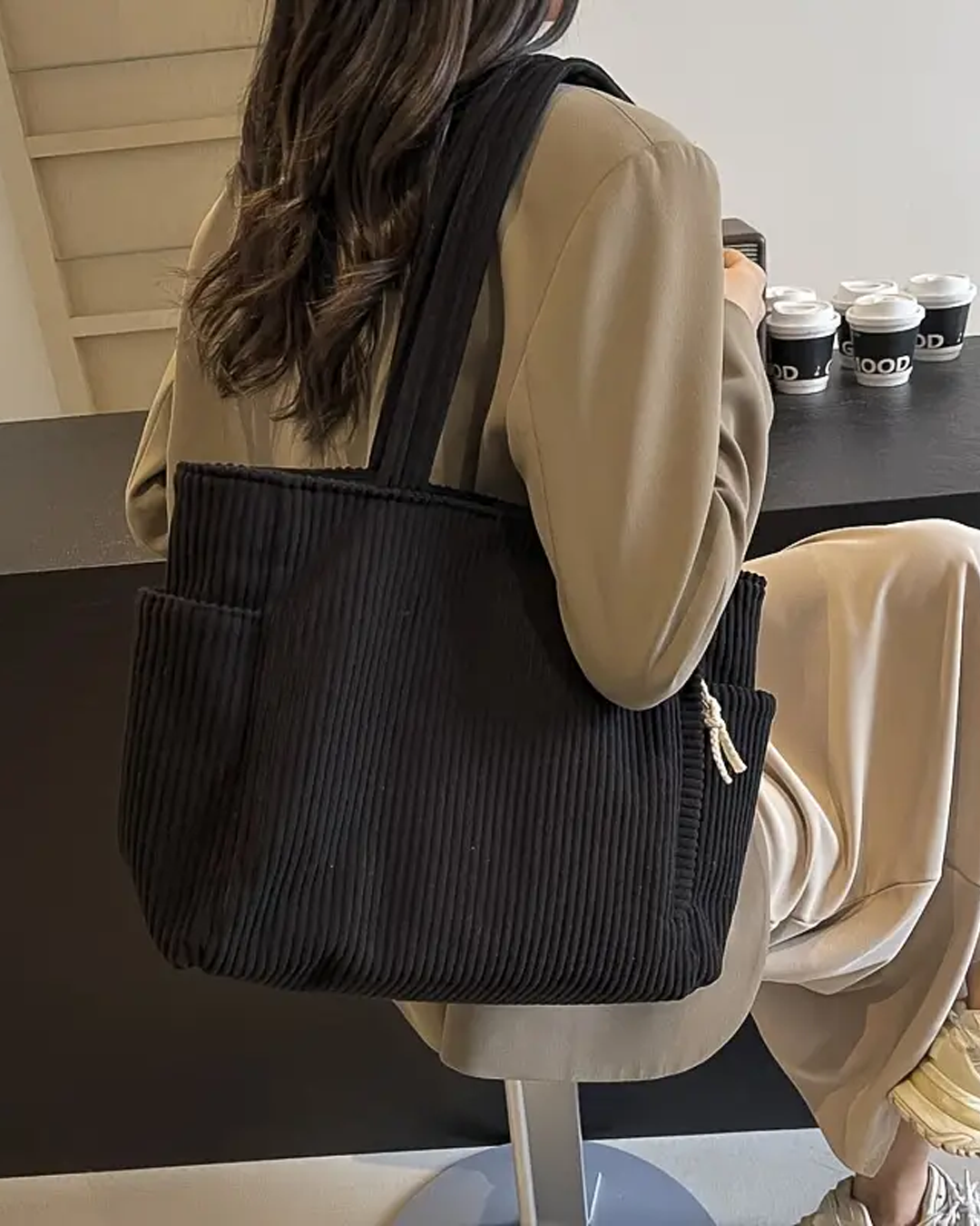 Tilda | Ribbed Tote Bag with Drawstring Detail