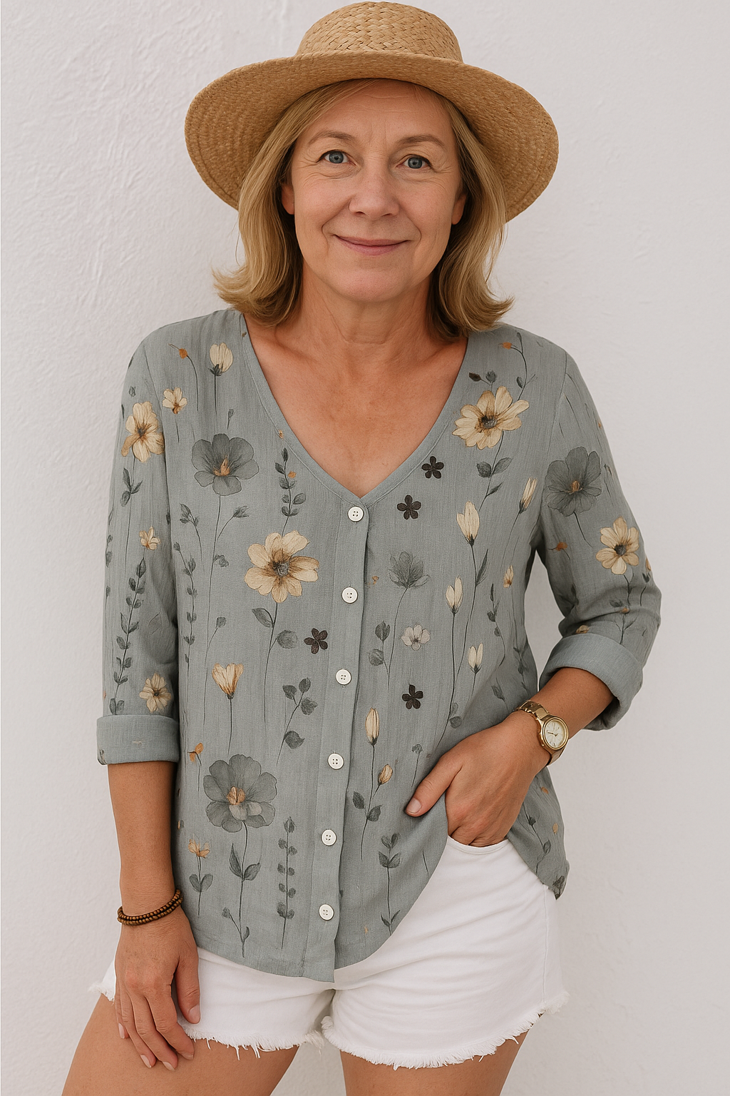 June | Cotton and Linen Floral Top - Natural Grace, Effortless Fit