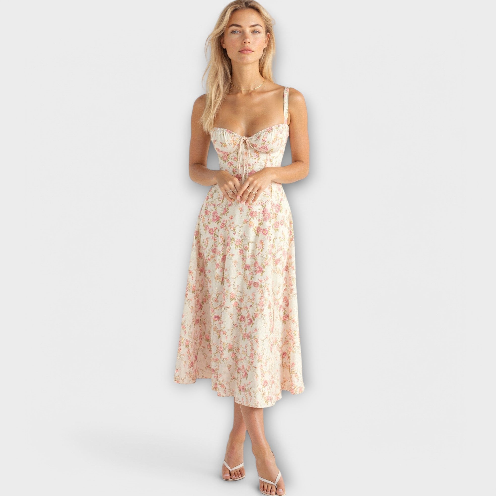 Dress with V-neck. Elegant summer dress