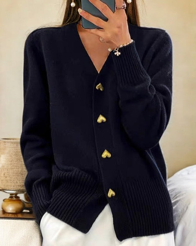 Diede | Heart Button V-Neck Cardigan Sweater