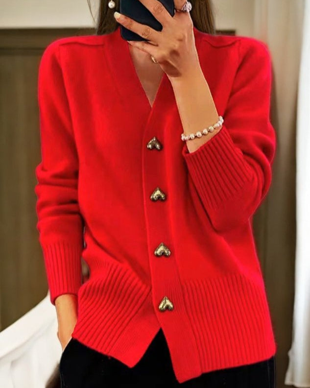 Diede | Heart Button V-Neck Cardigan Sweater
