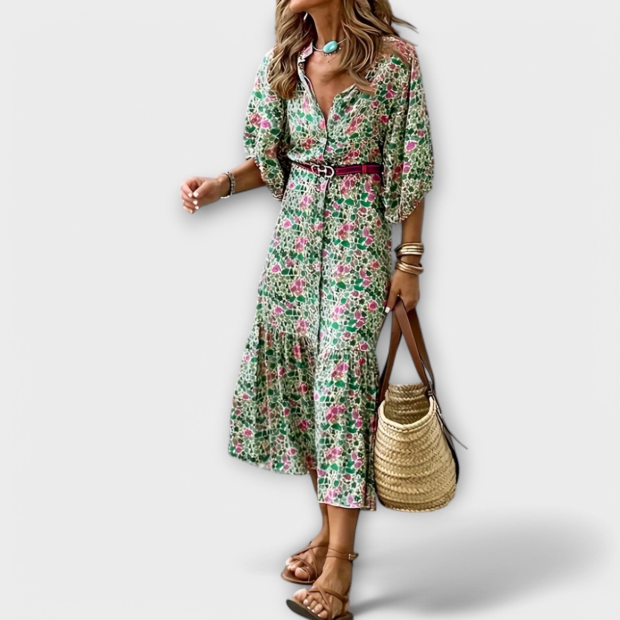 Lenna – Green Floral Dress with Belt