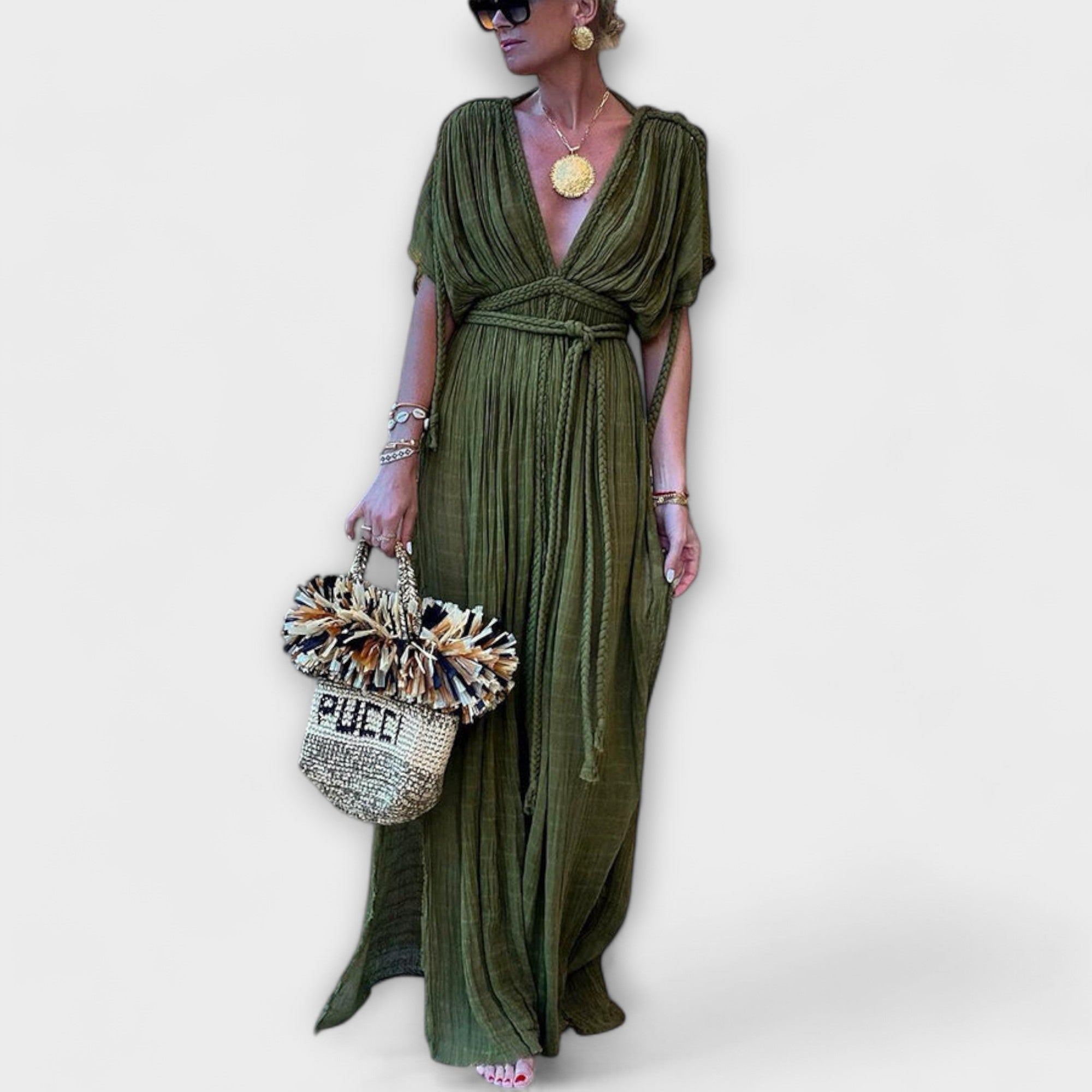 Kimono Maxi Dress in Greek Style with Braids and Slits