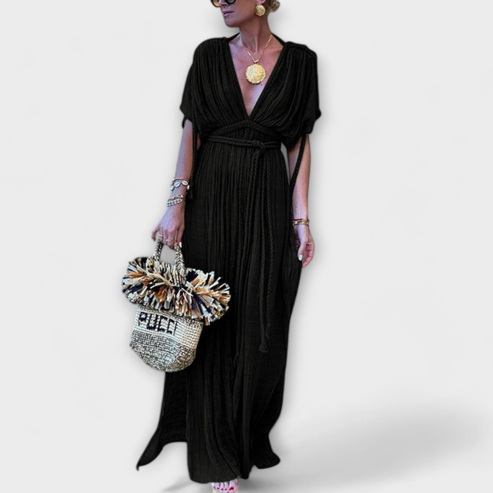 Kimono Maxi Dress in Greek Style with Braids and Slits