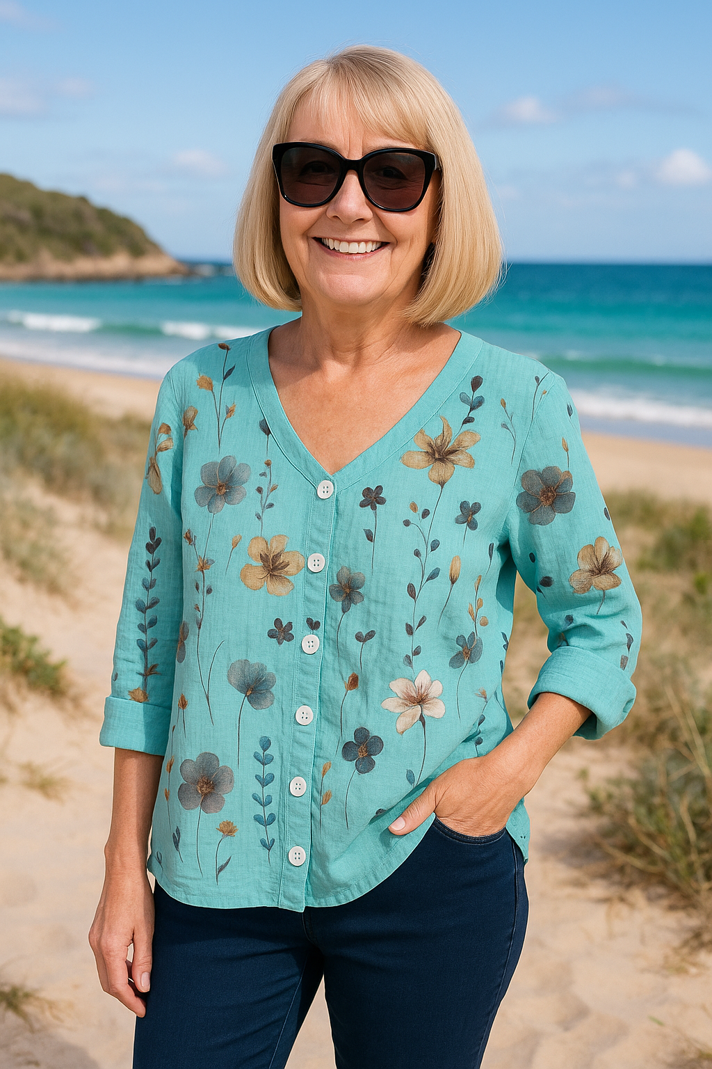 June | Cotton and Linen Floral Top - Natural Grace, Effortless Fit