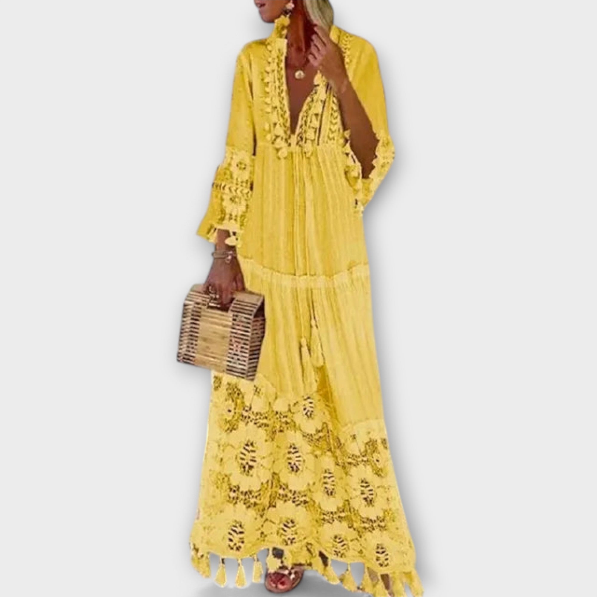 Classic Bohemian-Style Long Dress with Long Sleeves, Lace, and Tassels