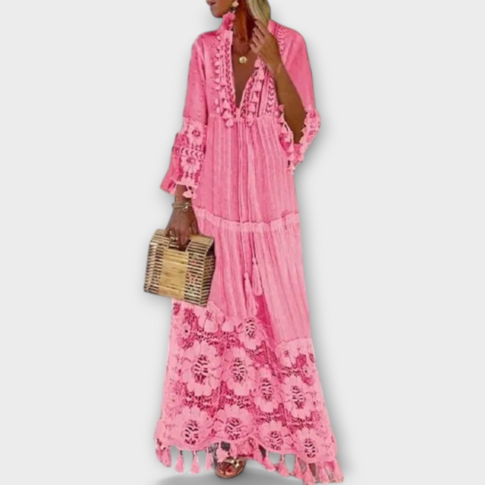 Classic Bohemian-Style Long Dress with Long Sleeves, Lace, and Tassels